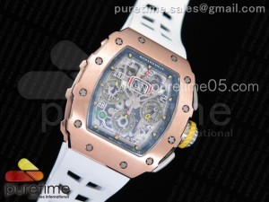 RM011 RG Chronograph SS Case KVF 1:1 Best Edition Crystal Skeleton Dial on White Rubber Strap A7750