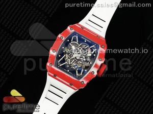 RM035-02 Red Carbon ZF 1:1 Best Edition Skeleton Dial on White Rubber Strap NH05A V5