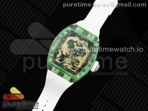 RM57 Green Transparent Tourbillon RMF Best Edition Gold Dragon Eagle Dial on White Rubber Strap