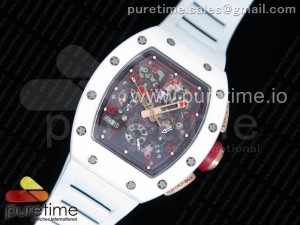 RM011 Real White Ceramic RG Case Chronograph KVF 1:1 Best Edition Crystal Skeleton Dial Red Markers on White Rubber Strap A7750