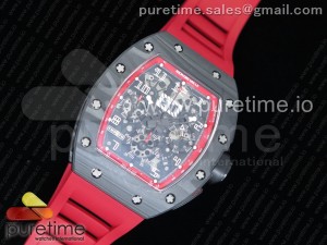 RM011 NTPT Carbon Chrono KVF 1:1 Best Edition Crystal Skeleton Dial Red Inner Bezel on Red Rubber Strap A7750