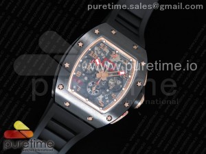 RM011 Real Ceramic Case Chronograph KVF 1:1 Best Edition Crystal Skeleton Dial Gold Markers on Black Rubber Strap A7750