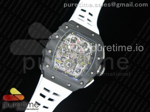 RM011 Carbon Case Chrono KVF 1:1 Best Edition Crystal Skeleton Yellow Dial on White Racing Rubber Strap A7750