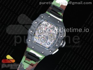 RM011 Carbon Case Chrono KVF 1:1 Best Edition Crystal Skeleton Yellow Dial on Camouflage Rubber Strap A7750