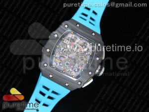RM011 Carbon Case Chrono KVF 1:1 Best Edition Crystal Skeleton Yellow Dial on Blue Racing Rubber Strap A7750