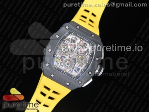 RM011 Carbon Case Chrono KVF 1:1 Best Edition Crystal Skeleton Yellow Dial on Yellow Racing Rubber Strap A7750