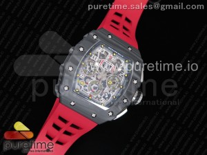 RM011 Carbon Case Chrono KVF 1:1 Best Edition Crystal Skeleton Yellow Dial on Red Racing Rubber Strap A7750