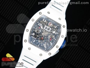 RM011 Real White Ceramic Chronograph KVF 1:1 Best Edition Crystal Skeleton Dial Blue on White Rubber Strap A7750