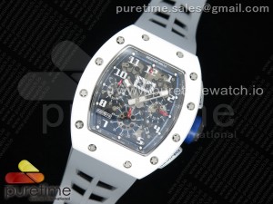 RM011 Real White Ceramic Chronograph KVF 1:1 Best Edition Crystal Skeleton Dial Blue on Gray Rubber Strap A7750