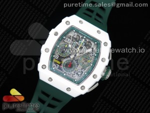 RM011 Real White Ceramic Chronograph KVF 1:1 Best Edition Crystal Skeleton Dial Green on Green Rubber Strap A7750