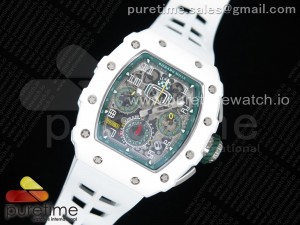 RM011 Real White Ceramic Chronograph KVF 1:1 Best Edition Crystal Skeleton Dial Green on White Rubber Strap A7750