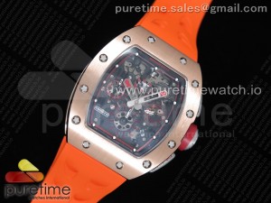 RM011 RG Chronograph SS Case KVF 1:1 Best Edition Crystal Black/Red Skeleton Dial on Orange Rubber Strap A7750