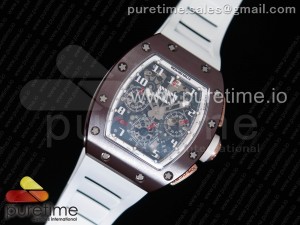 RM011 Real Brown Ceramic Case Chronograph KVF 1:1 Best Edition Crystal Skeleton Dial on White Rubber Strap A7750