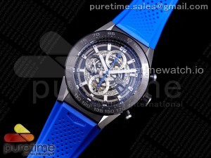Calibre Heuer 01 Chrono SS/PVD XF 1:1 Best Edition Skeleton Dial Blue Hand on Blue Rubber Strap A1887