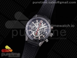 Calibre Heuer 01 Chrono 43mm SS XF 1:1 Best Edition Skeleton Dial Red Hand on Black Rubber Strap A1887