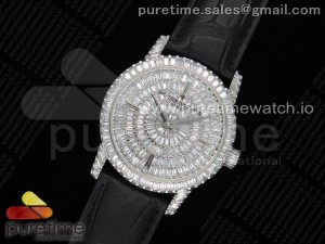 Traditionnelle High Jewellery Watch SS Full Diamonds on Black Leather Strap MIYOTA9015