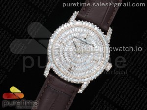 Traditionnelle High Jewellery Watch RG Full Diamonds on Brown Leather Strap MIYOTA9015