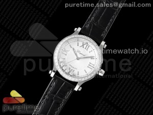Happy Sport 33mm SS ZF 1:1 Best Edition Diamonds Bezel White Textured Dial on Black Leather Strap MIYOTA 9015