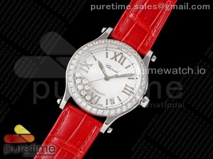 Happy Sport 36mm SS ZF 1:1 Best Edition Diamonds Bezel White Dial on Red Leather Strap A2892 Style 1