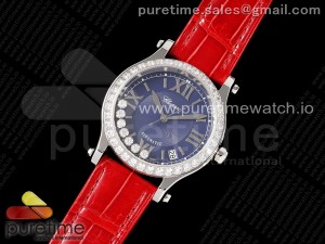 Happy Sport 36mm SS ZF 1:1 Best Edition Diamonds Bezel Blue Dial on Red Leather Strap A2892