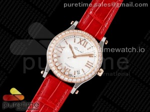 Happy Sport 36mm SS ZF 1:1 Best Edition White Dial RG Diamonds Bezel on Red Leather Strap A2892 Style 1