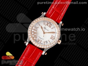 Happy Sport 36mm SS ZF 1:1 Best Edition White Dial RG Diamonds Bezel on Red Leather Strap A2892 Style 2