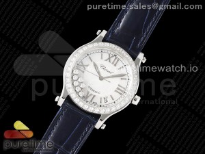 Happy Sport 36mm SS ZF 1:1 Best Edition Diamonds Bezel White Dial on Blue Leather Strap A2892 Style 1