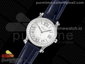 Happy Sport 36mm SS ZF 1:1 Best Edition Diamonds Bezel White Dial on Blue Leather Strap A2892 Style 2