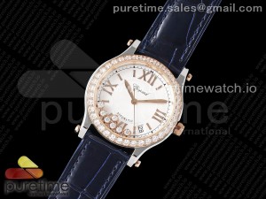 Happy Sport 36mm SS ZF 1:1 Best Edition White Dial RG Diamonds Bezel on Blue Leather Strap A2892 Style 1