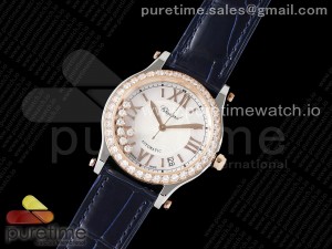 Happy Sport 36mm SS ZF 1:1 Best Edition White Dial RG Diamonds Bezel on Blue Leather Strap A2892 Style 2