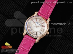 Happy Sport 36mm RG TWS 1:1 Best Edition Rainbow Diamonds Bezel White Dial on Pink Leather Strap A2892